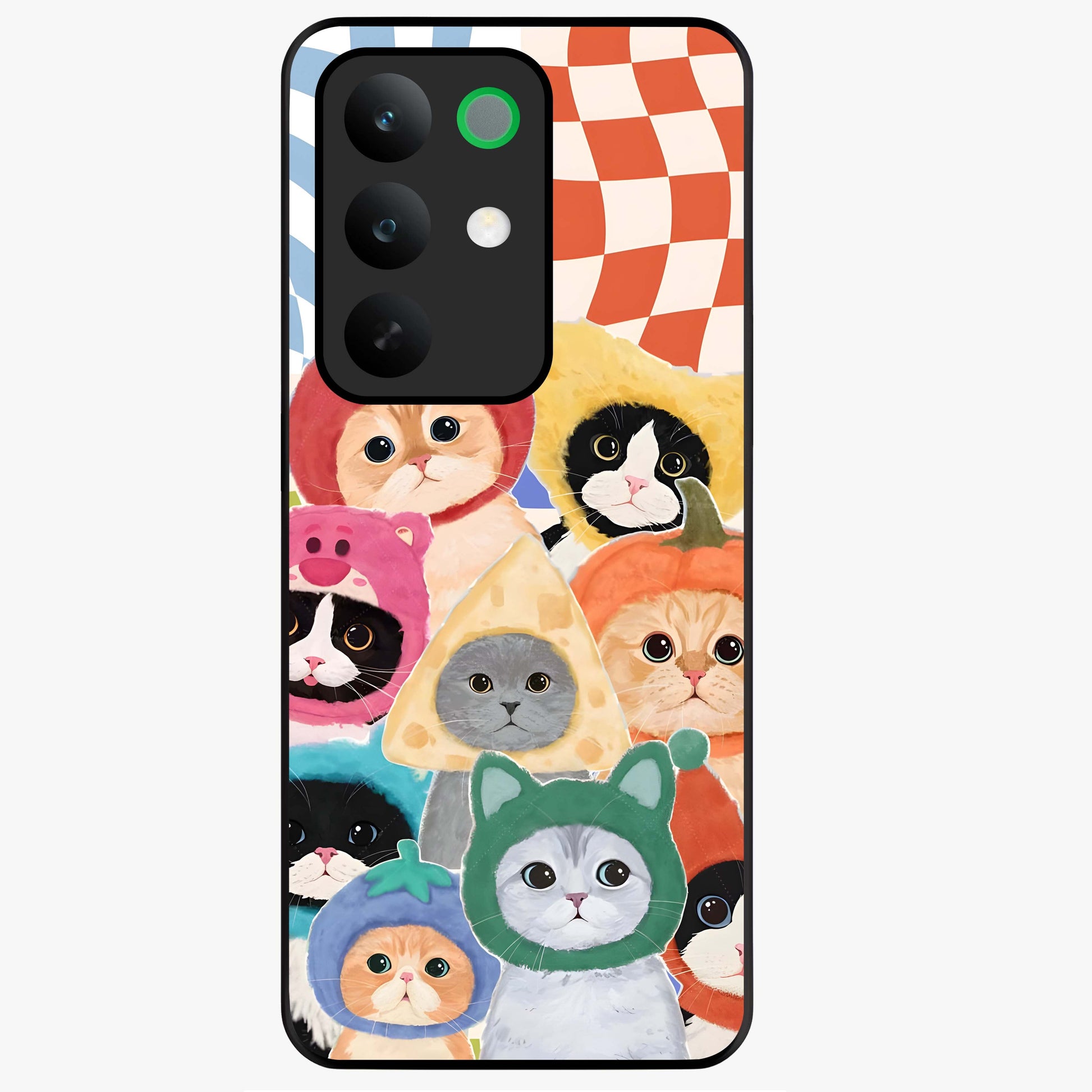 Cats in Fruits Glass Case showing flat back view with playful cat illustrations inside fruit artwork and glossy glass finish.