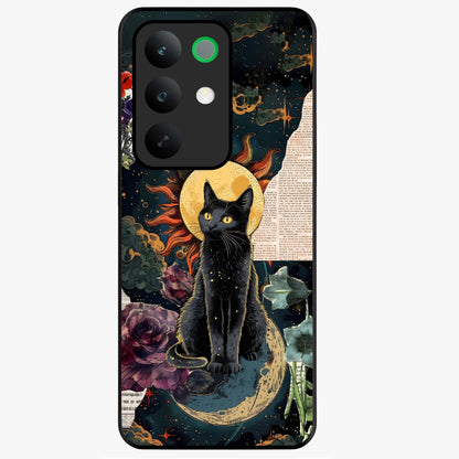 Celestial Black Cat Glass Case showing flat back view with mystical black cat artwork and glossy glass finish.