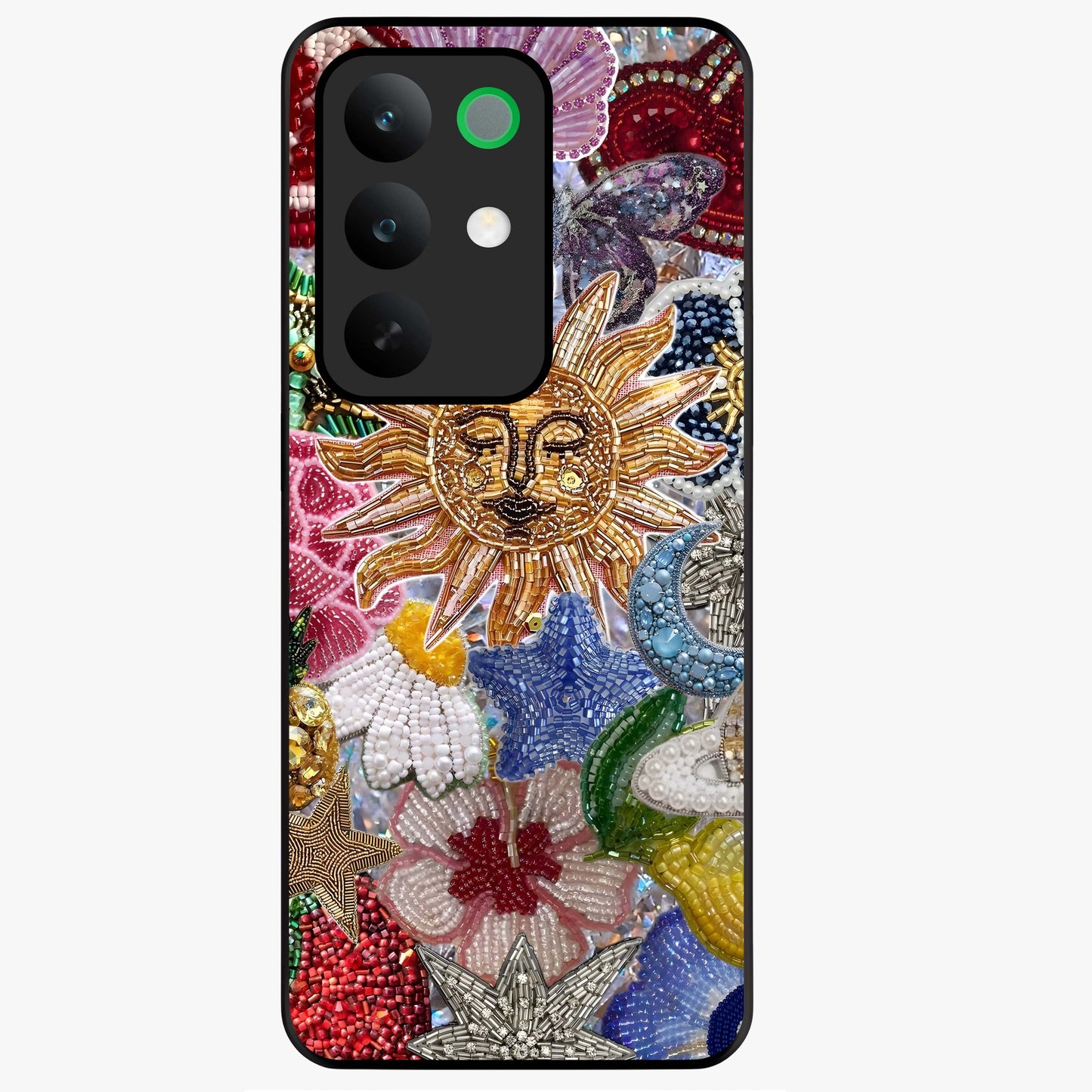 Celestial Floral and Playful Glass Case showing flat back view with floral and celestial themed artwork and glossy glass finish.