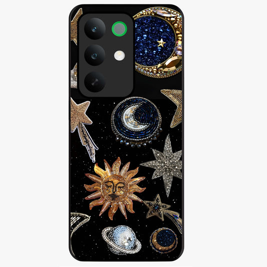 Celestial Gem Constellations Glass Case showing flat back view with sparkling constellation artwork and glossy glass finish.