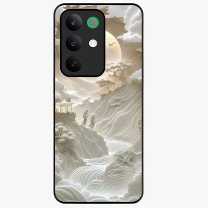 Celestial Origami Glass Case showing flat back view with artistic origami inspired celestial artwork and glossy glass finish.