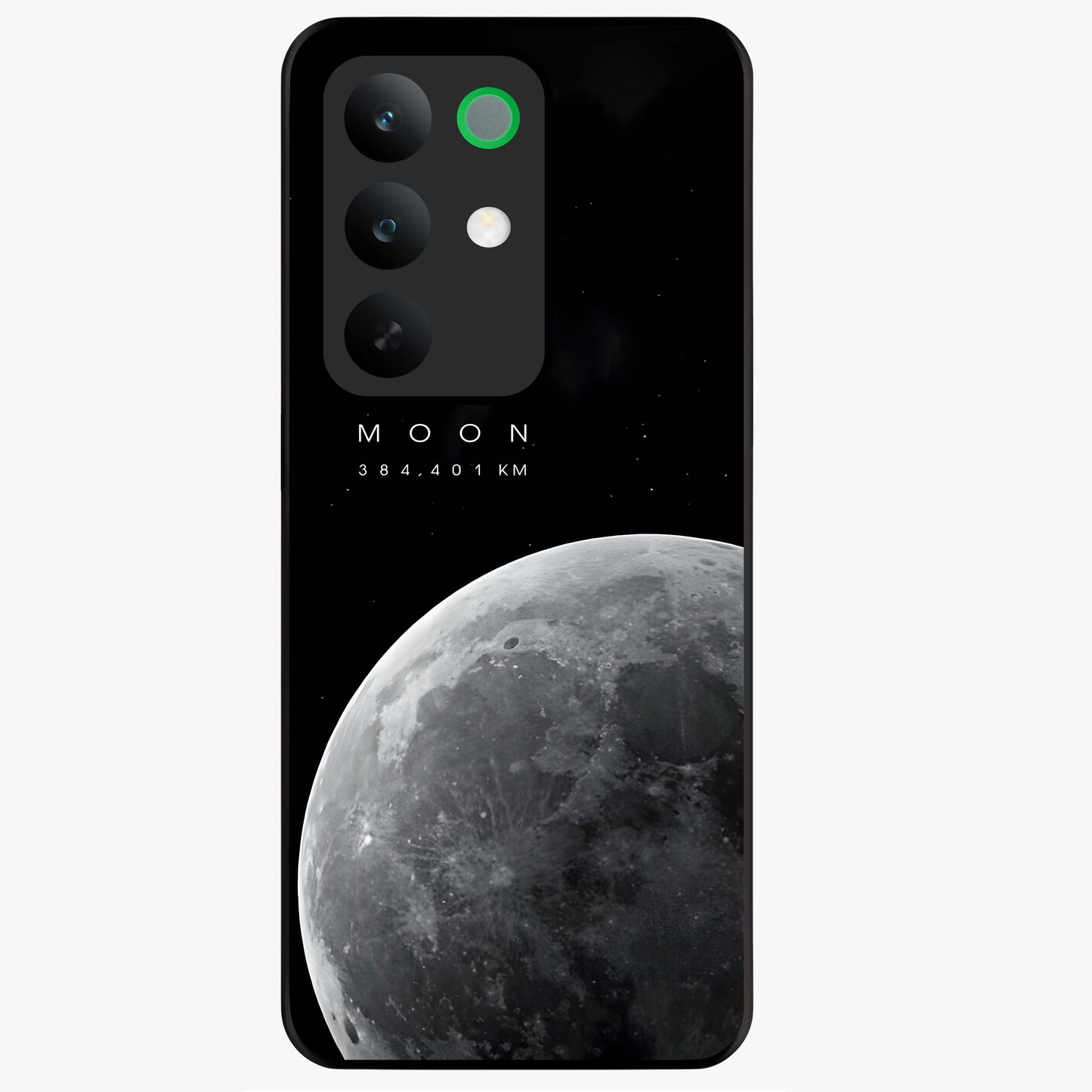 Cosmic Moon Glow Glass Case showing flat back view with glowing moon artwork and glossy glass finish.