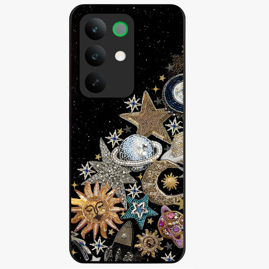 Cosmic Sparkle Dreams Glass Case showing flat back view with sparkling cosmic artwork and glossy glass finish.