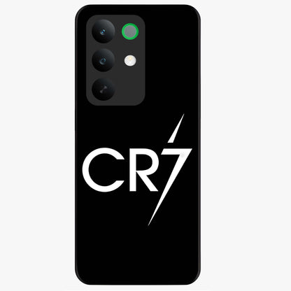 Cr7 Elite Strike Glass Case showing flat back view with dynamic football inspired artwork and glossy glass finish.