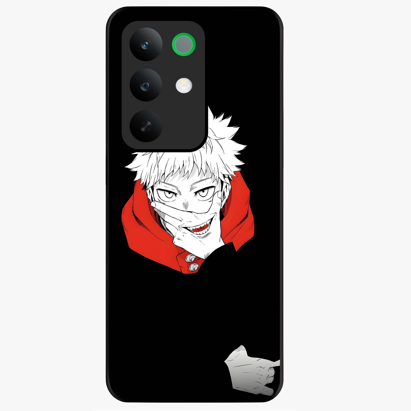 Crimson Chaos Smile Glass Case showing flat back view with bold chaotic smile artwork and glossy glass finish.