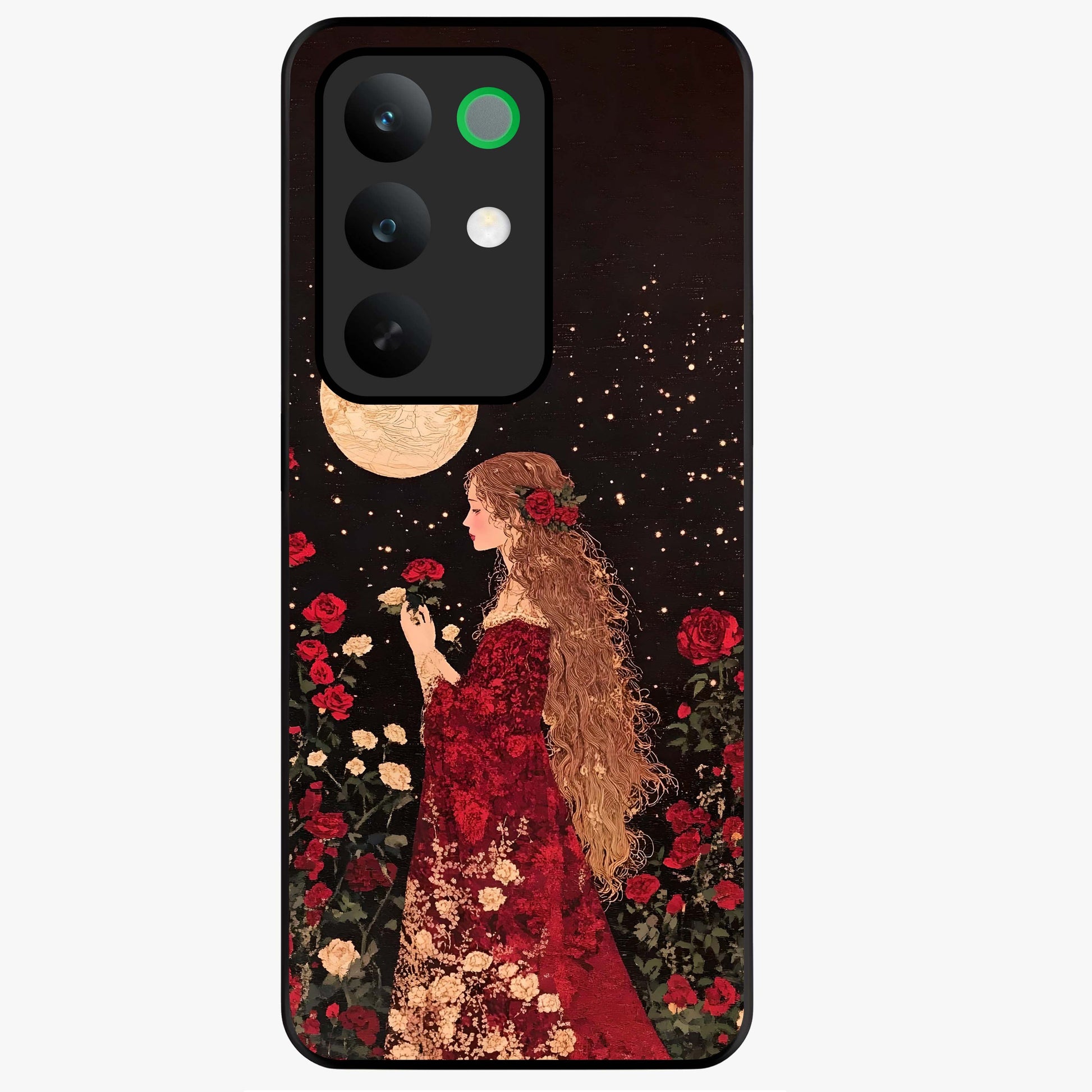Crimson Dreams Glass Case showing flat back view with dreamy crimson artwork and glossy glass finish.