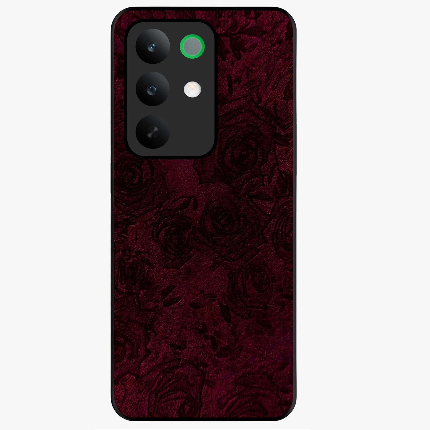 Crimson Fade Flow Glass Case showing flat back view with flowing crimson gradient artwork and glossy glass finish.