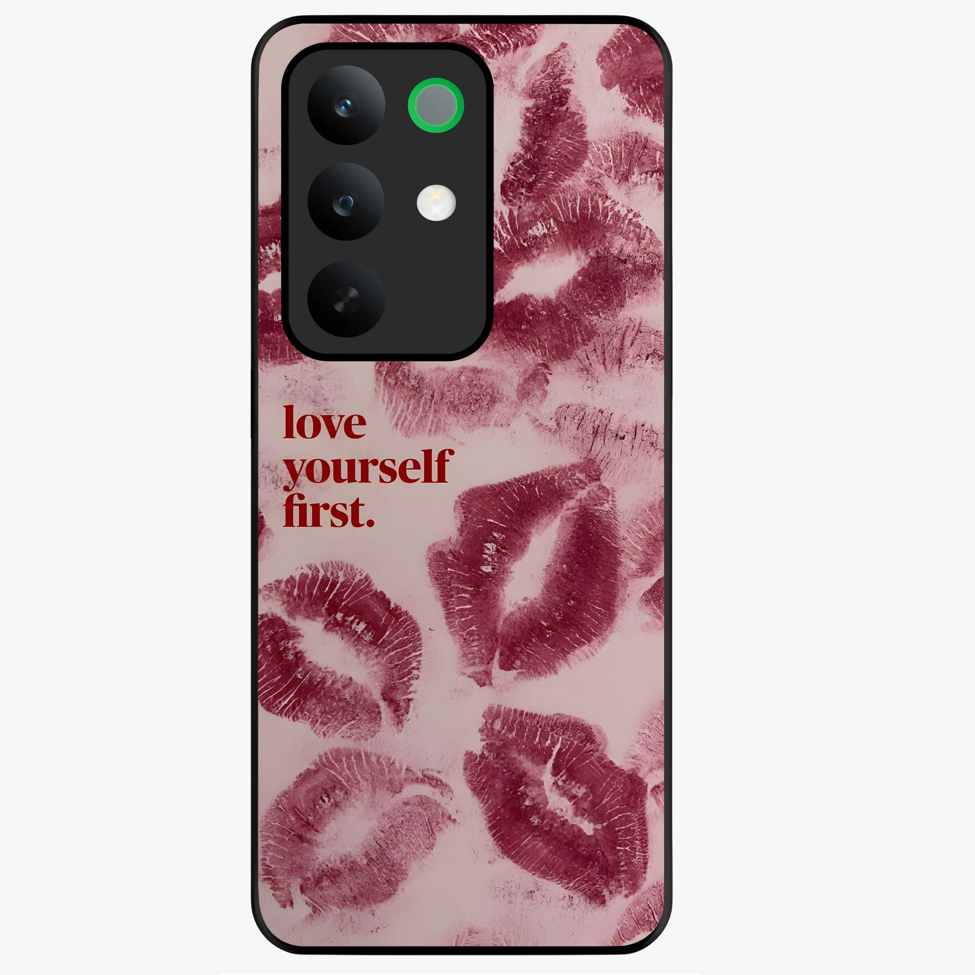 Crimson Kiss Love Glass Case showing flat back view with romantic crimson themed artwork and glossy glass finish.