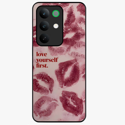 Crimson Kiss Love Glass Case showing flat back view with romantic crimson themed artwork and glossy glass finish.