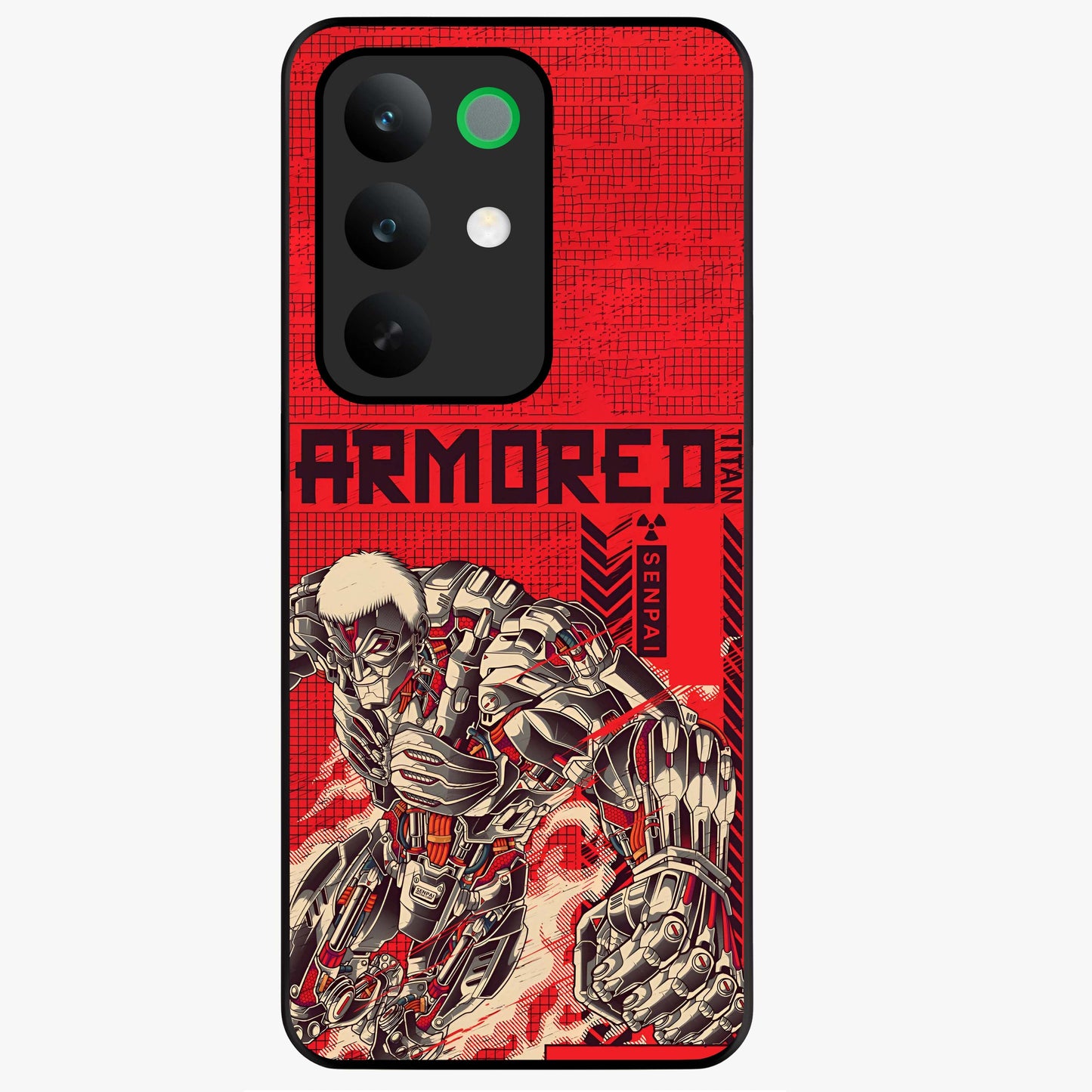 Crimson Mecha Titan Glass Case showing flat back view with powerful mech titan artwork and glossy glass finish.