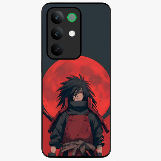 Crimson Moon Warlord Glass Case showing flat back view with mystical moon warrior artwork and glossy glass finish.