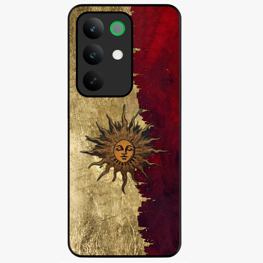Crimson Sun Majesty Glass Case showing flat back view with radiant sun inspired artwork and glossy glass finish.
