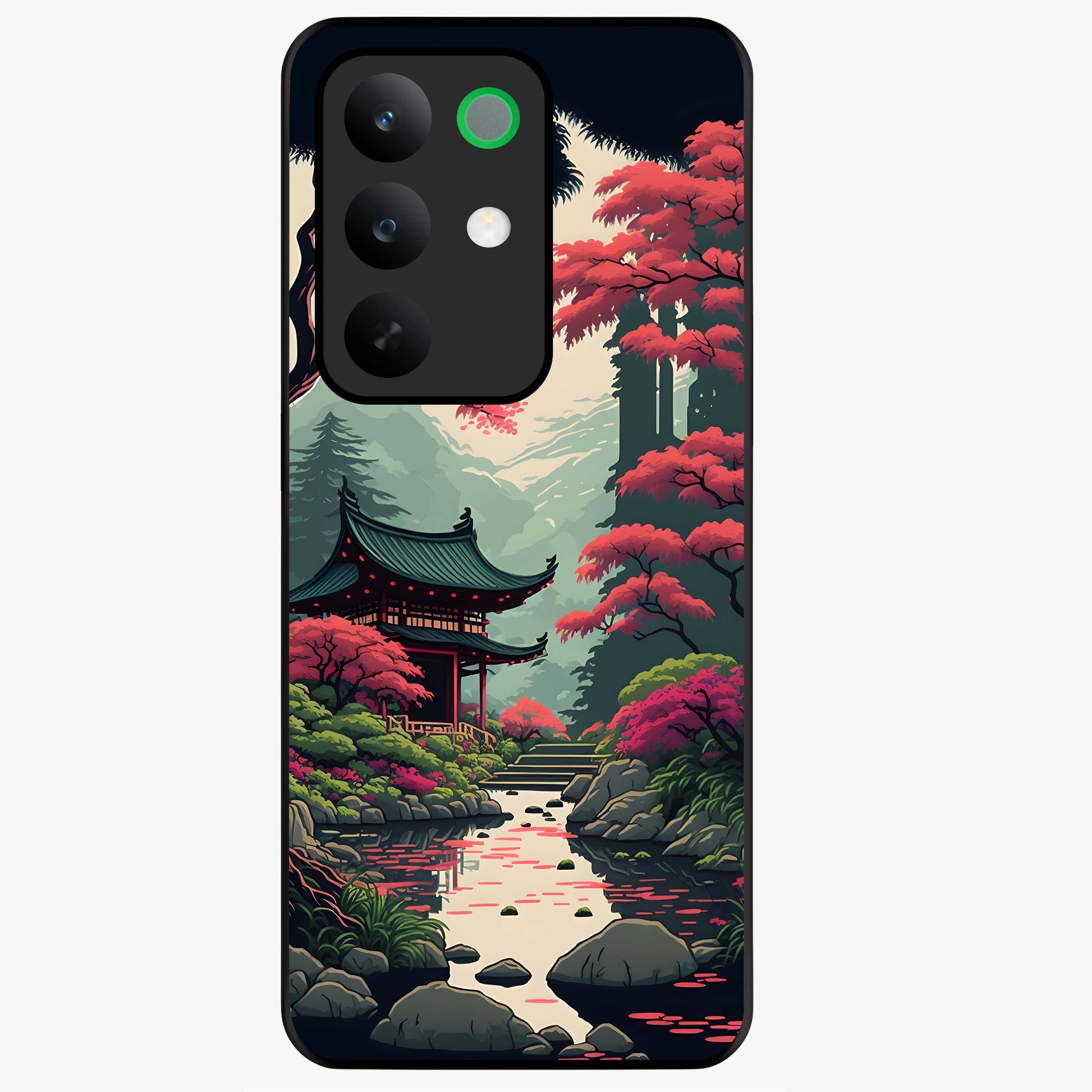 Crimson Temple View Glass Case showing flat back view with temple inspired artwork and glossy glass finish.