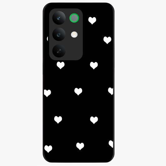 Cute And Simple White Hearts Glass Case showing flat back view with minimal white heart pattern and glossy glass finish.