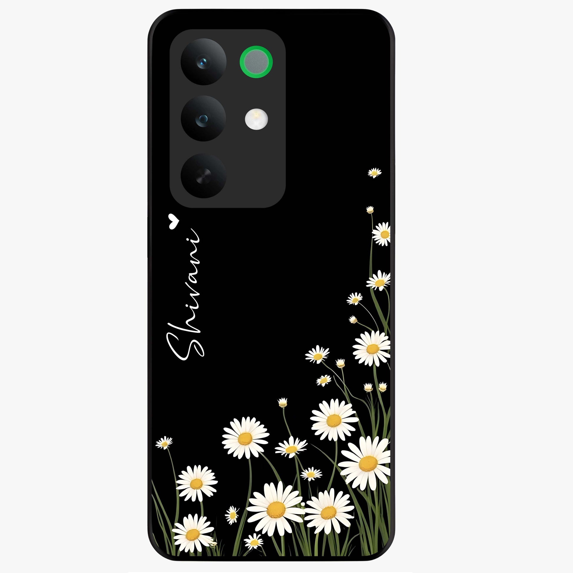 Daisy Cascade Custom Name Glass Case showing flat back view with cascading daisy flowers and personalized name design.