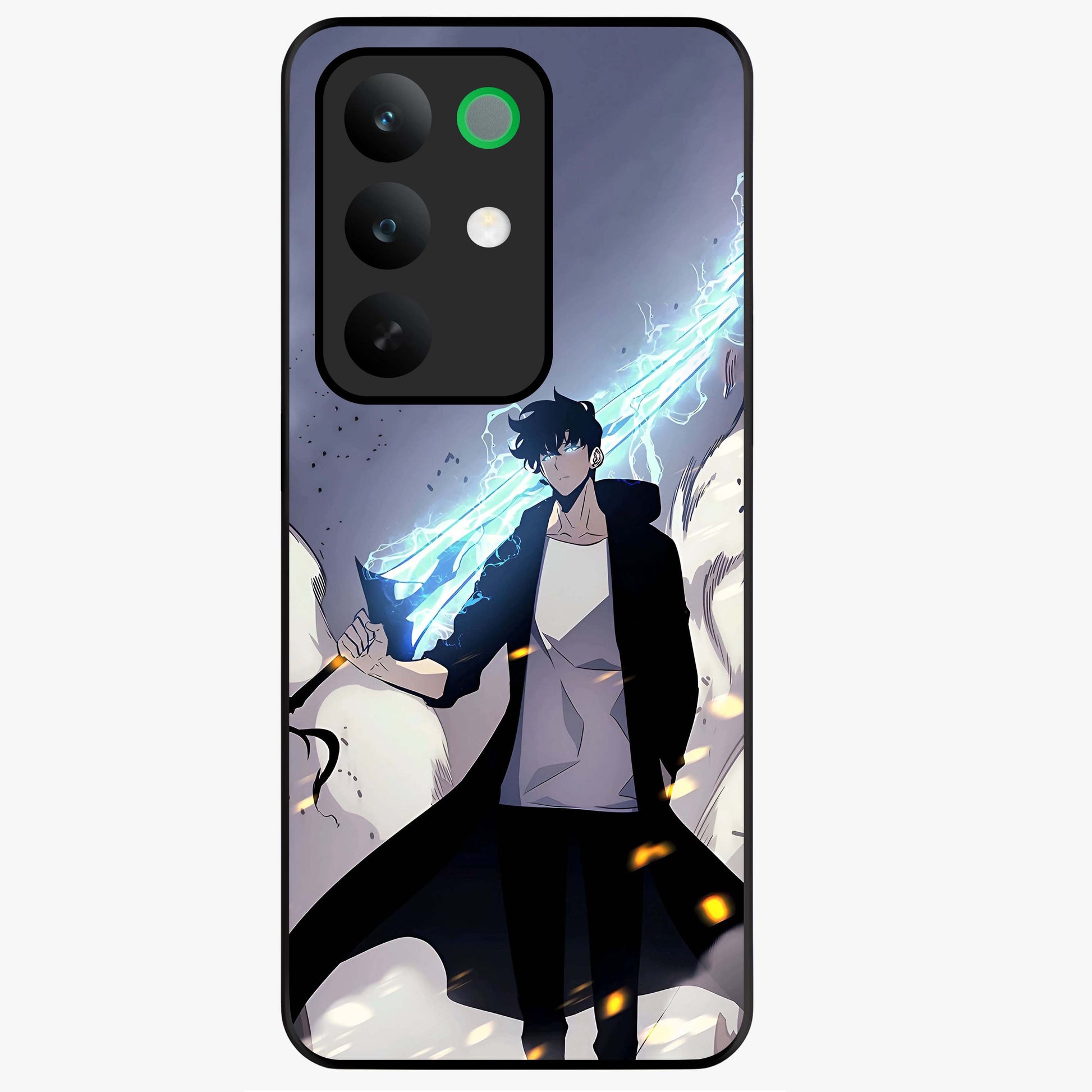 Dark Lightning Anime Warrior Glass Case showing flat back view with intense anime warrior artwork and glossy glass finish.