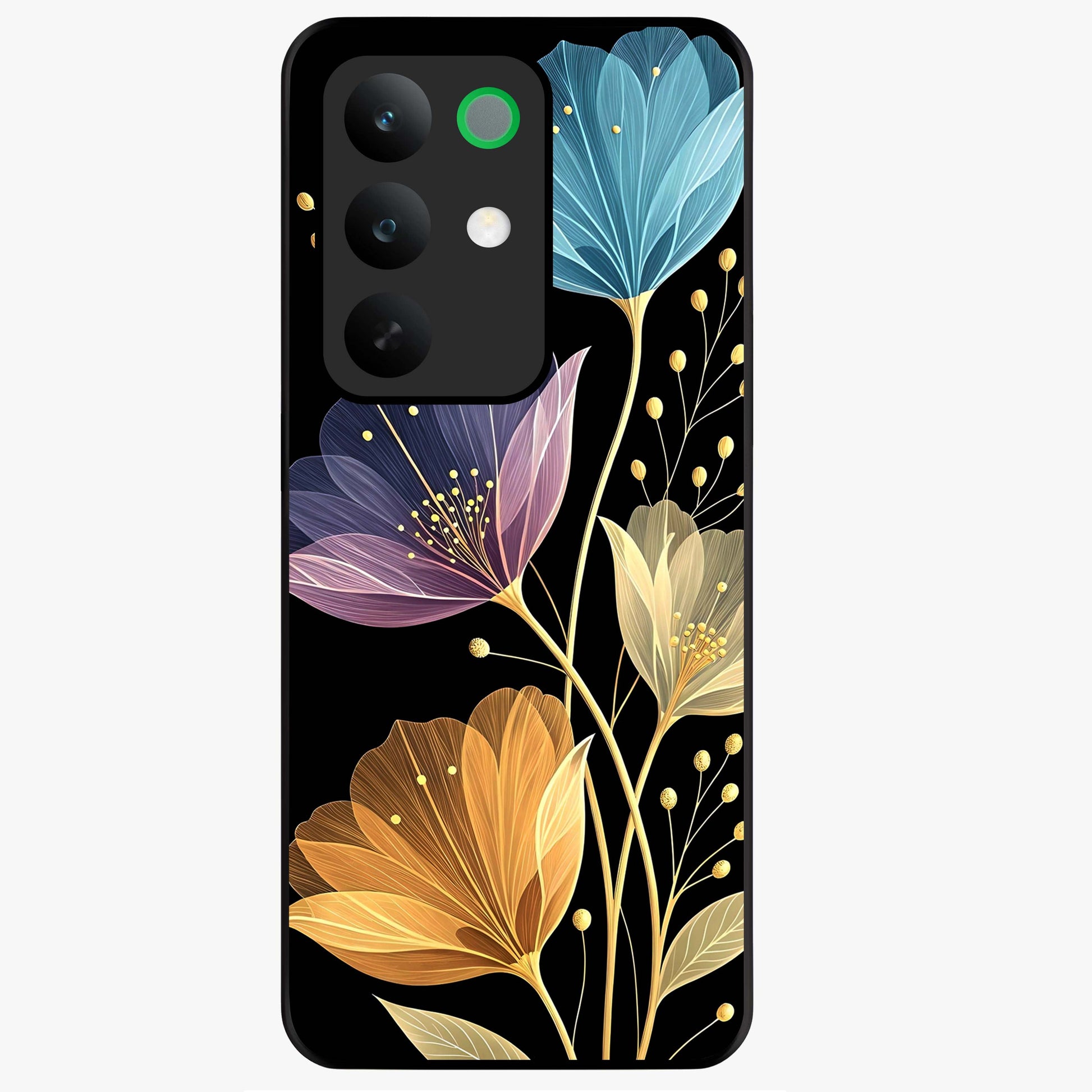Delicate Multicolor Flowers Glass Case showing flat back view with vibrant floral artwork and glossy glass finish.