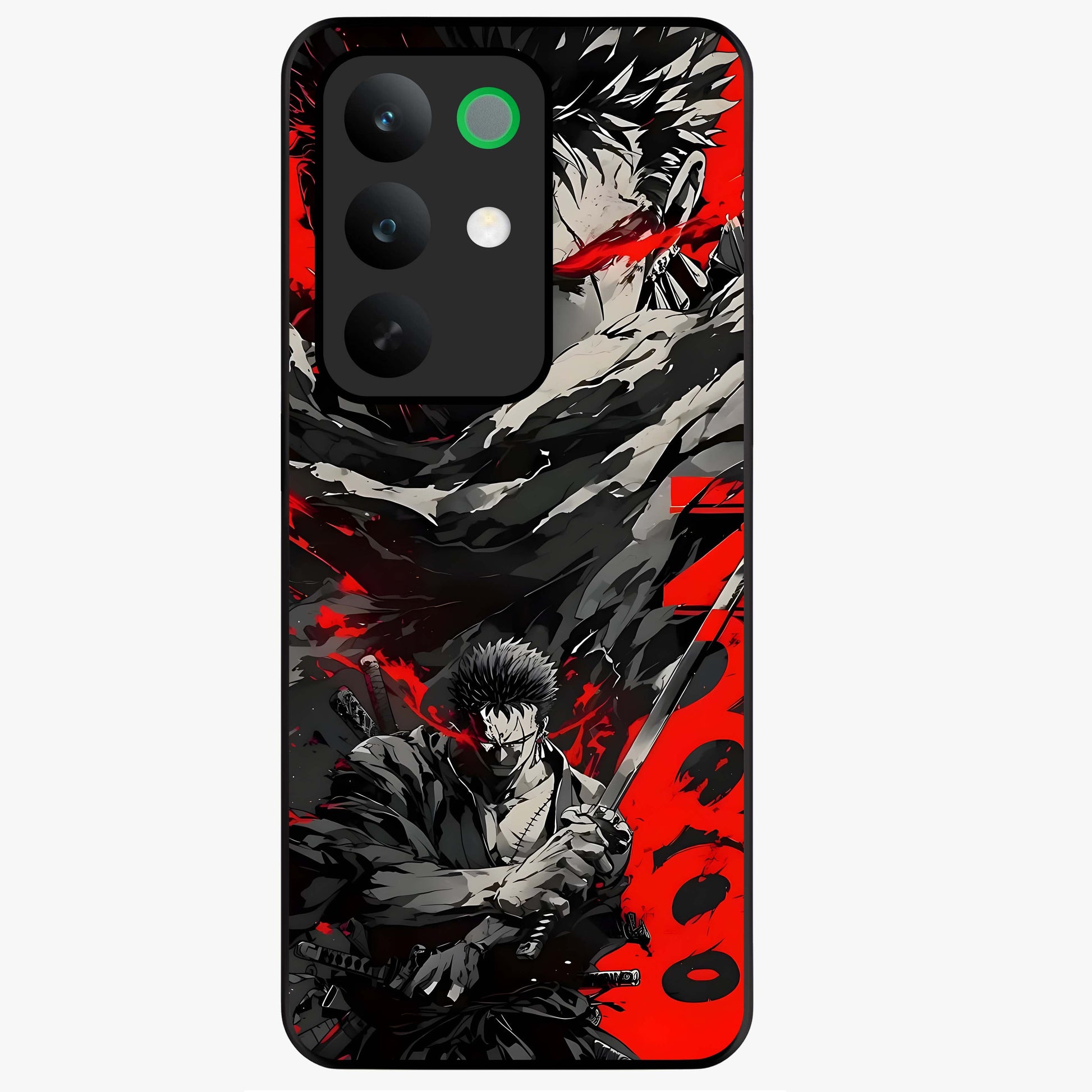 Demon Sword Resolve Glass Case showing flat back view with fierce sword warrior artwork and glossy glass finish.