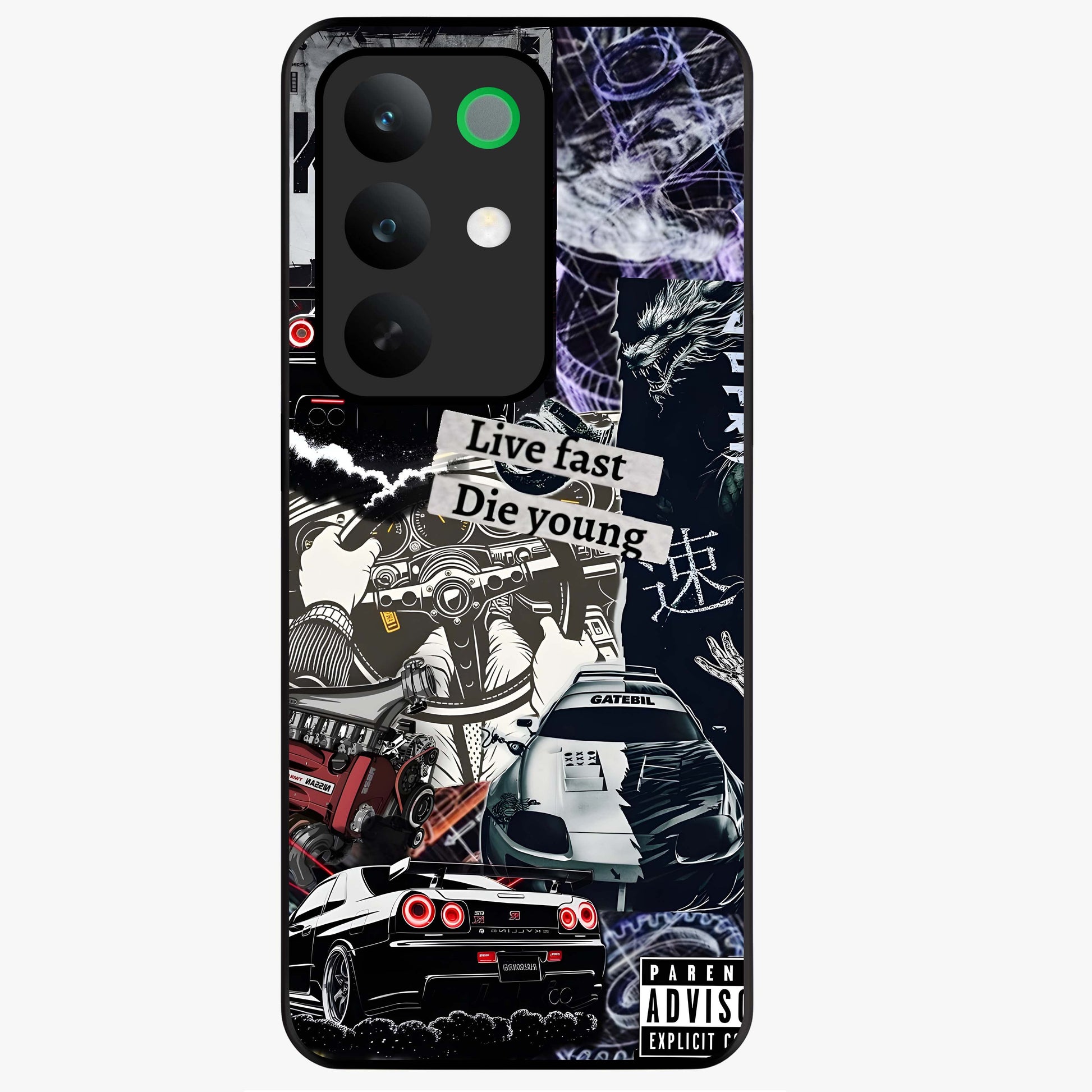 Die Young Glass Case showing flat back view with bold artistic typography design and glossy glass finish.