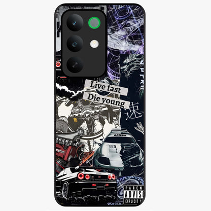 Die Young Glass Case showing flat back view with bold artistic typography design and glossy glass finish.