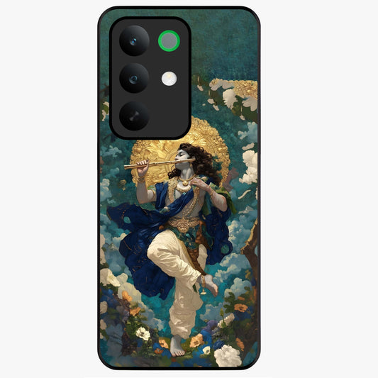 Divine Krishna Art Glass Case showing flat back view with Lord Krishna artwork and glossy glass finish.