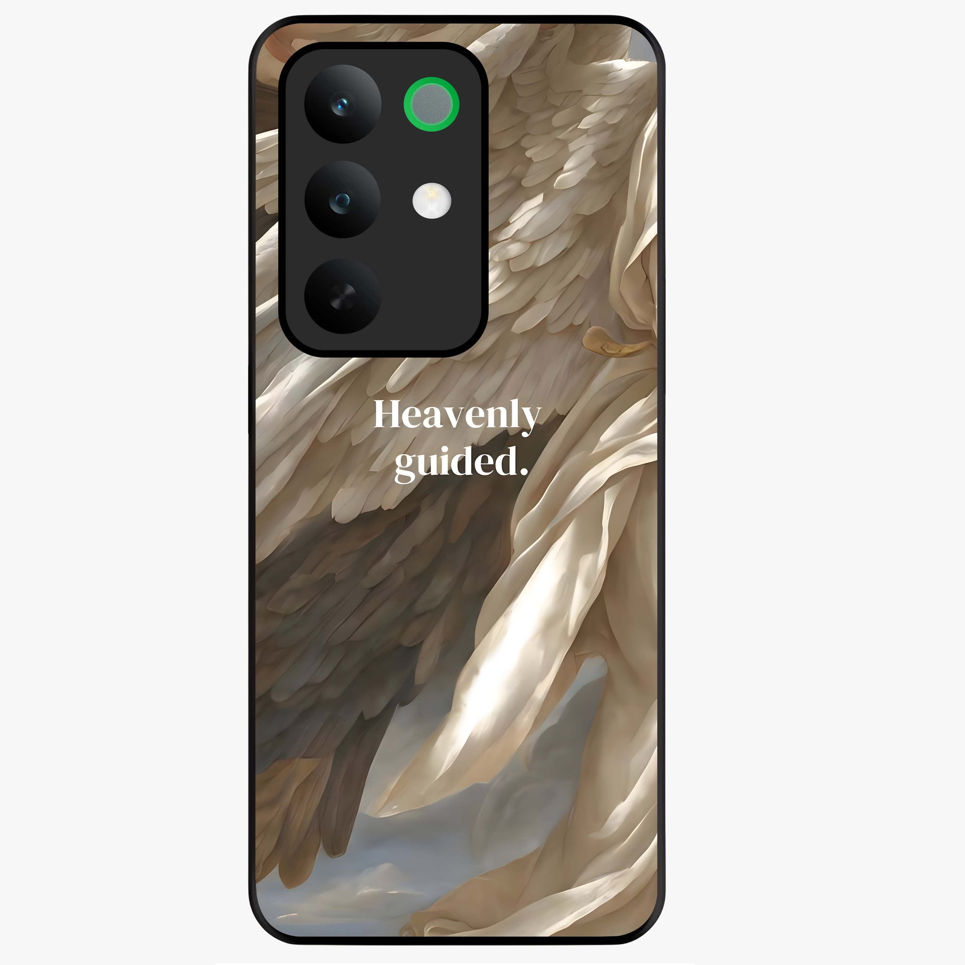 Divine Winged Grace Glass Case showing flat back view with elegant wing inspired artwork and glossy glass finish.