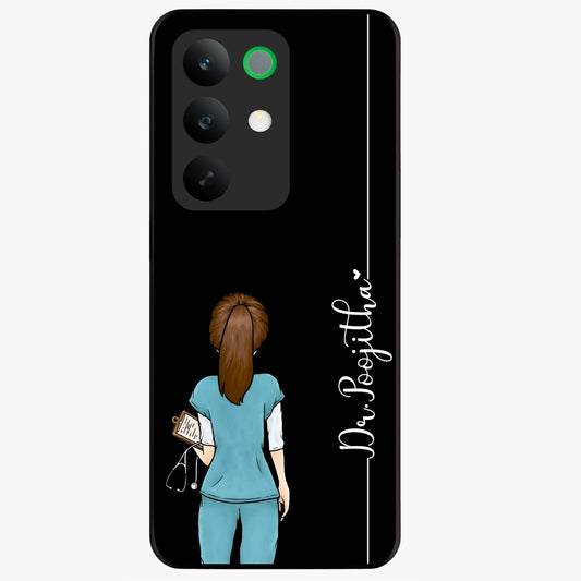 Doctor Pattern Custom Name Glass Case showing flat back view with medical themed pattern and personalized name design.