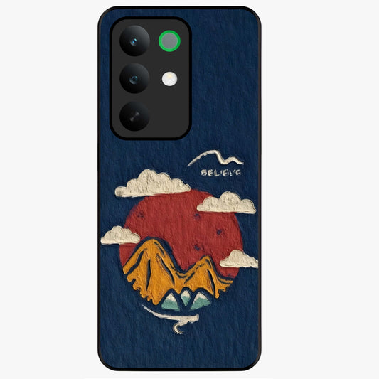 Dream Beyond Mountains Glass Case showing flat back view with scenic mountain landscape artwork and glossy glass finish.