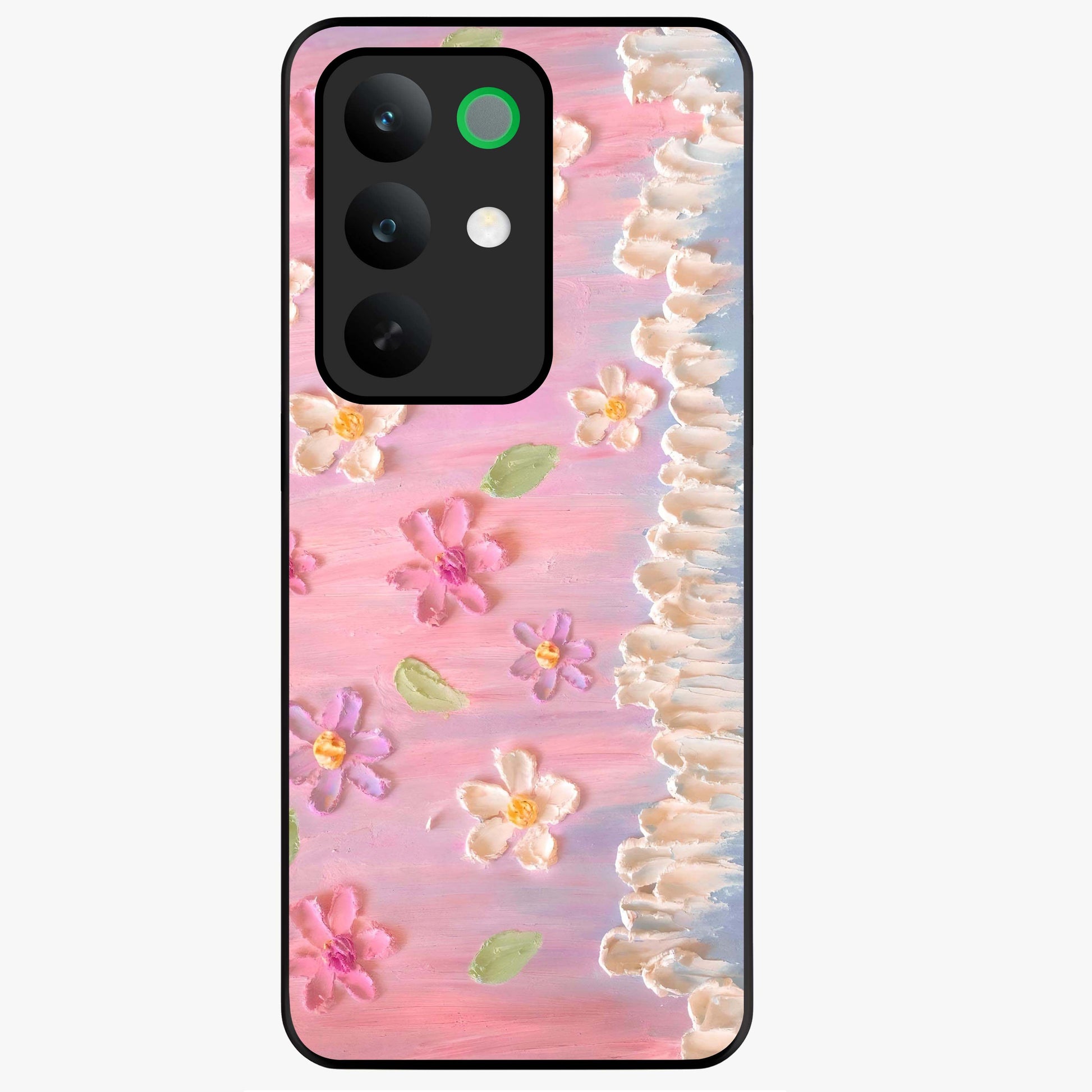 Dreamy Painted Garden Glass Case showing flat back view with artistic painted floral garden artwork and glossy glass finish.