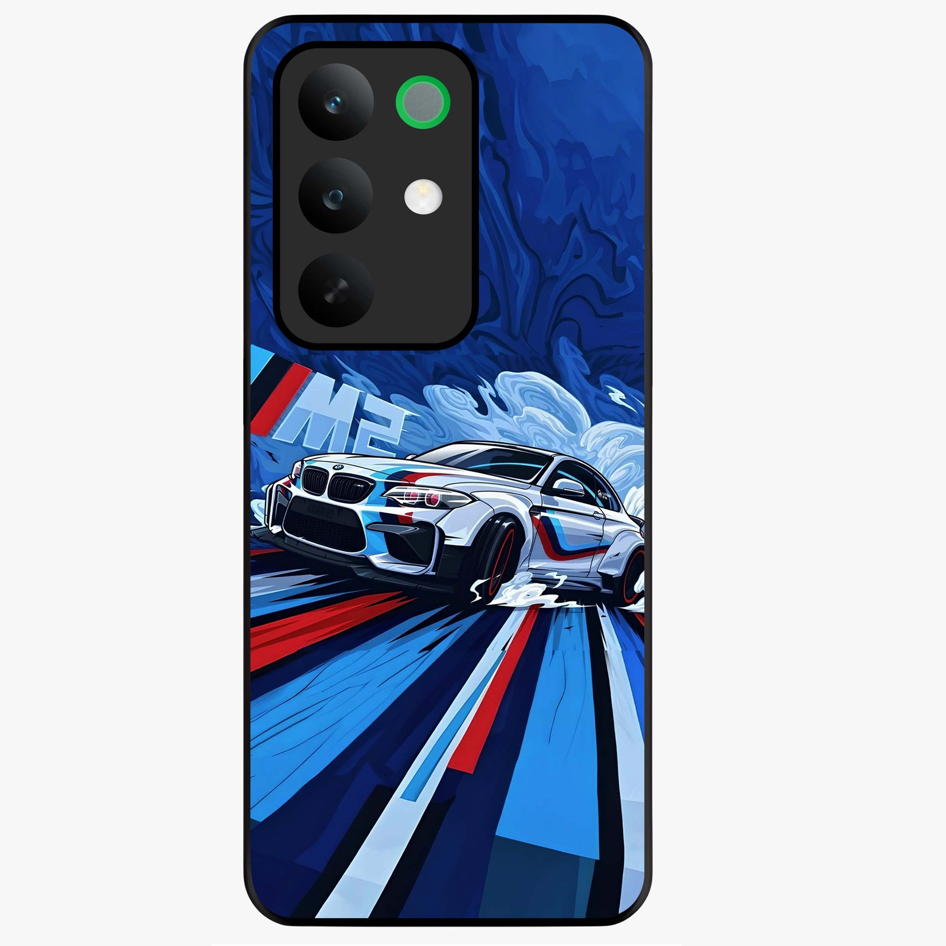 Drift Power Rush Glass Case showing flat back view with dynamic racing inspired artwork and glossy glass finish.