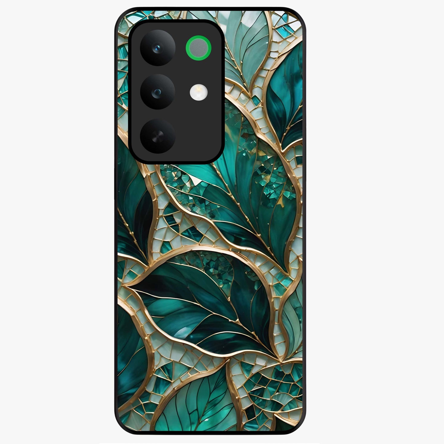 Emerald Leaf Glass Glass Case showing flat back view with emerald green leaf artwork and glossy glass finish.