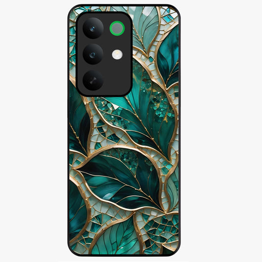 Emerald Leaf Glass Glass Case showing flat back view with emerald green leaf artwork and glossy glass finish.