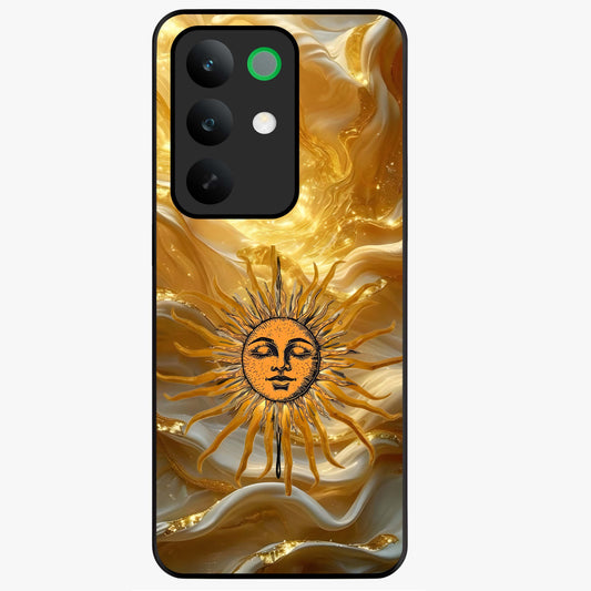 Eternal Golden Glow Glass Case showing flat back view with radiant golden themed artwork and glossy glass finish.