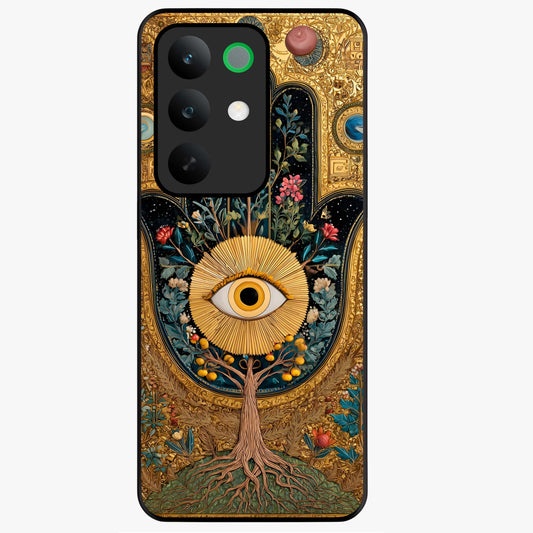 Ethereal Evil Eye Glass Case showing flat back view with mystical evil eye artwork and glossy glass finish.