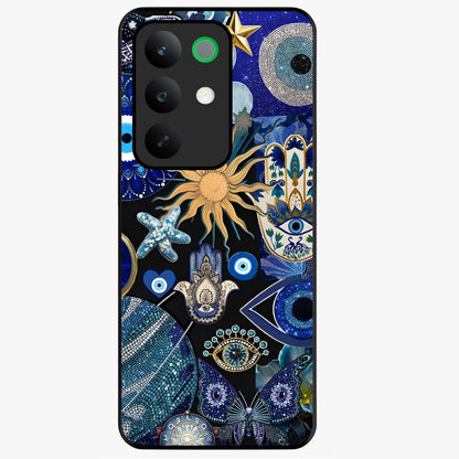 Evil Eye Charm Mix Glass Case showing flat back view with multiple evil eye charms artwork and glossy glass finish.