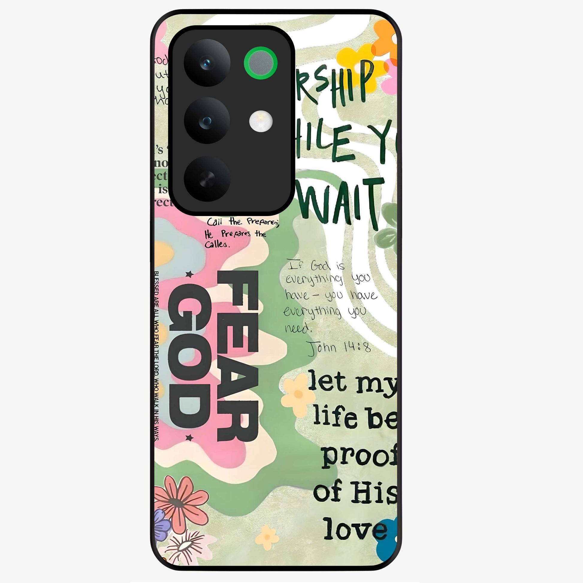 Faith Over Fear Glass Case showing flat back view with motivational typography artwork and glossy glass finish.