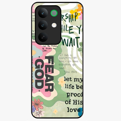 Faith Over Fear Glass Case showing flat back view with motivational typography artwork and glossy glass finish.