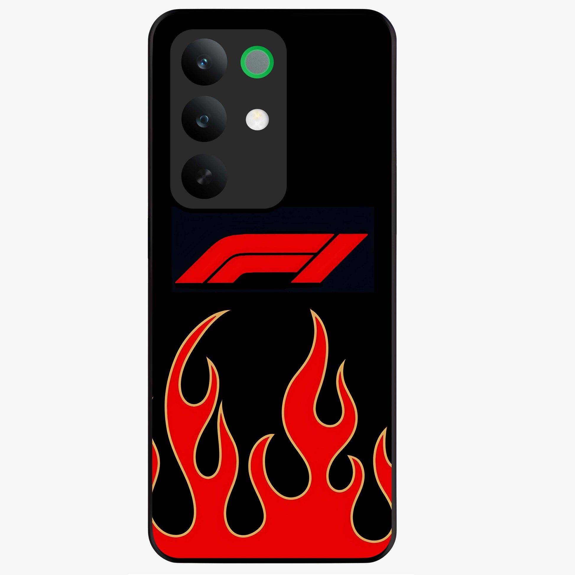 Fire F11 Glass Case showing flat back view with fiery themed artwork and glossy glass finish.