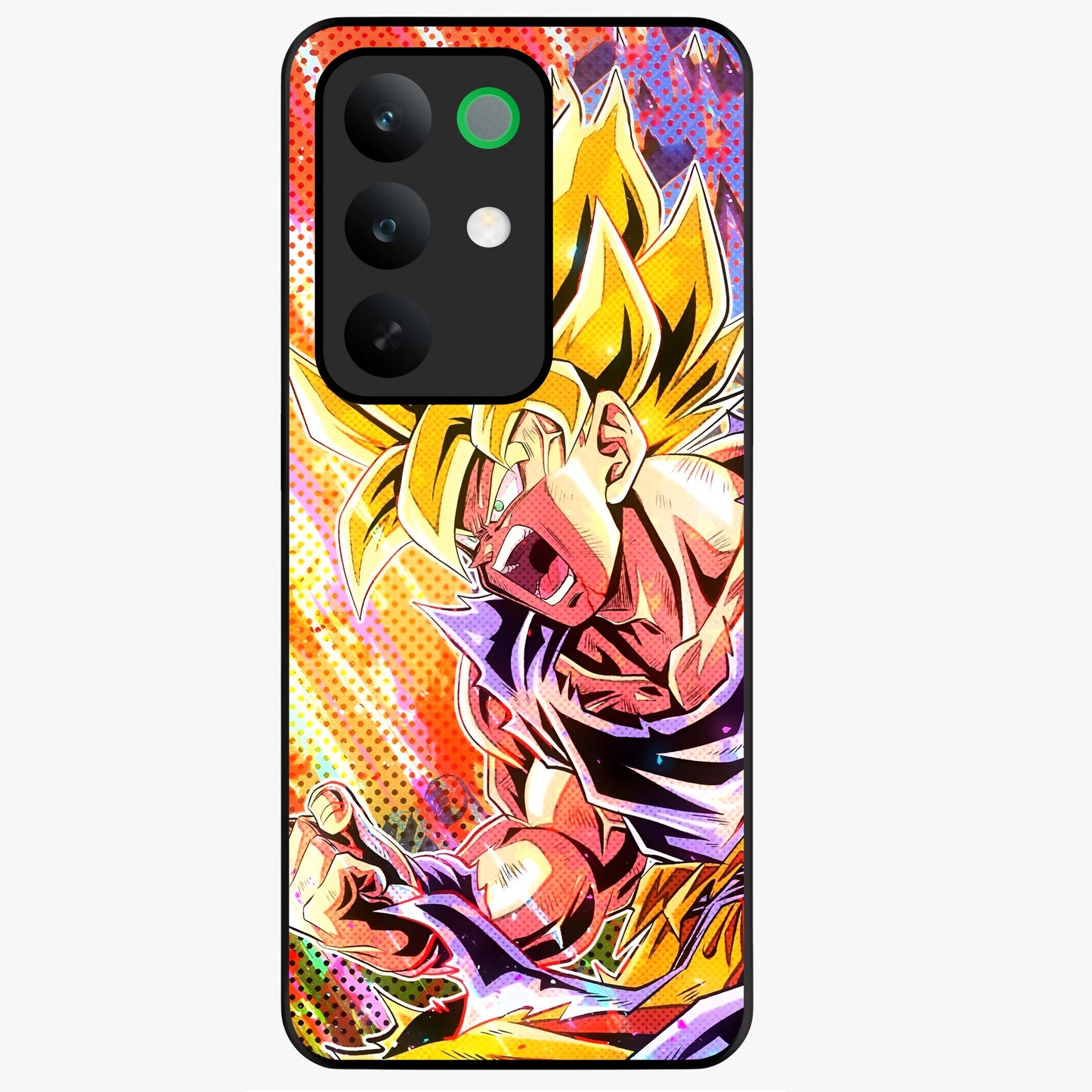 Firing Goku Glass Case showing flat back view with powerful anime inspired artwork and glossy glass finish.