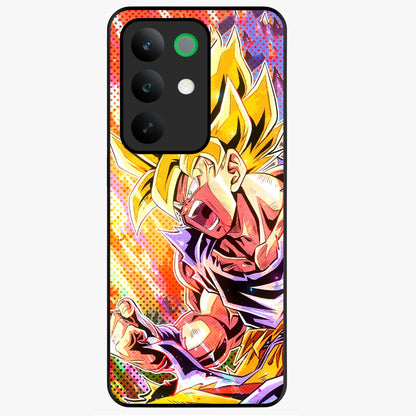 Firing Goku Glass Case showing flat back view with powerful anime inspired artwork and glossy glass finish.