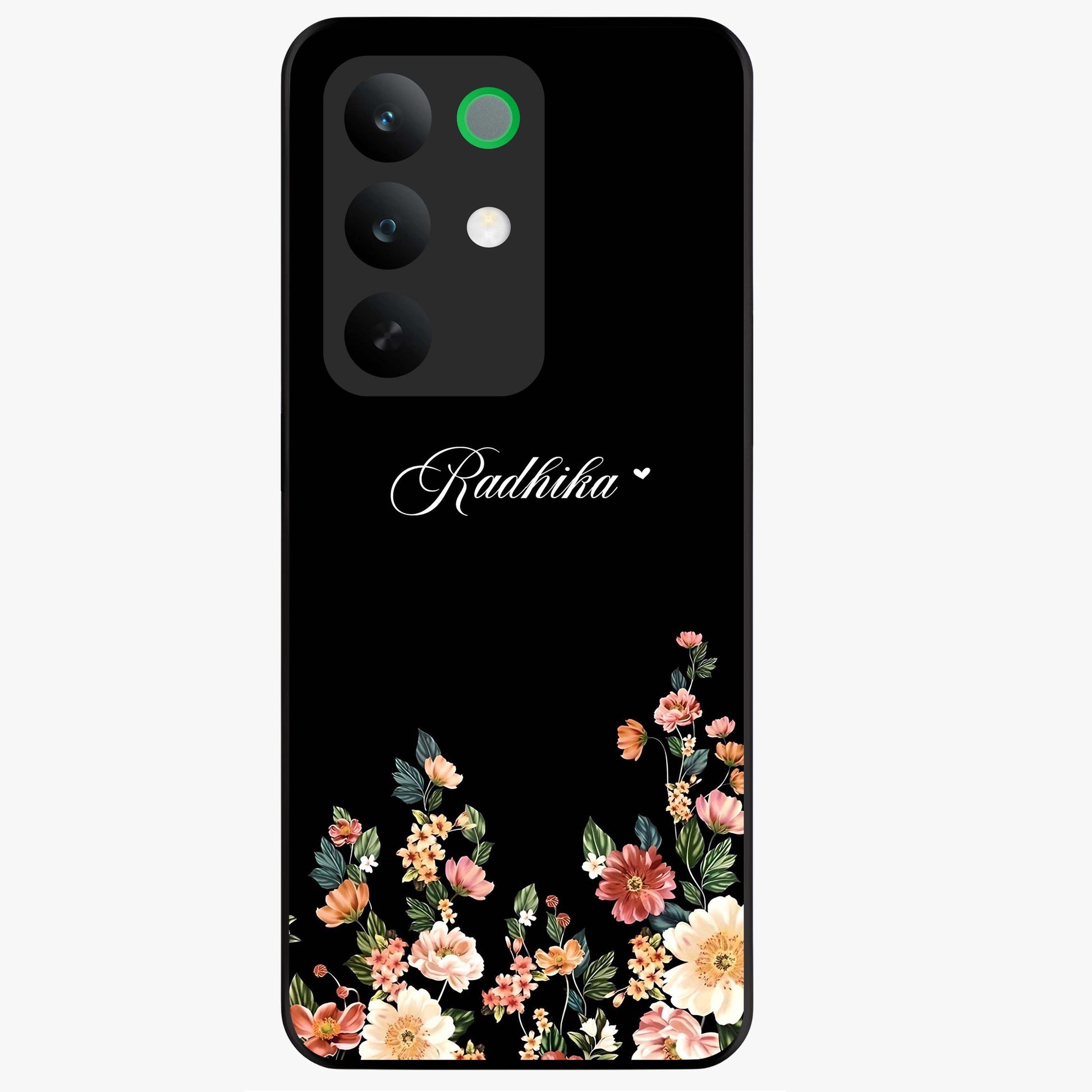 Floral Design With a Custom Personalized Name Glass Case showing flat back view with floral artwork and personalized name design.