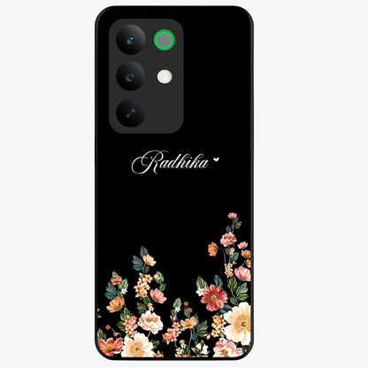 Floral Design With a Custom Personalized Name Glass Case showing flat back view with floral artwork and personalized name design.