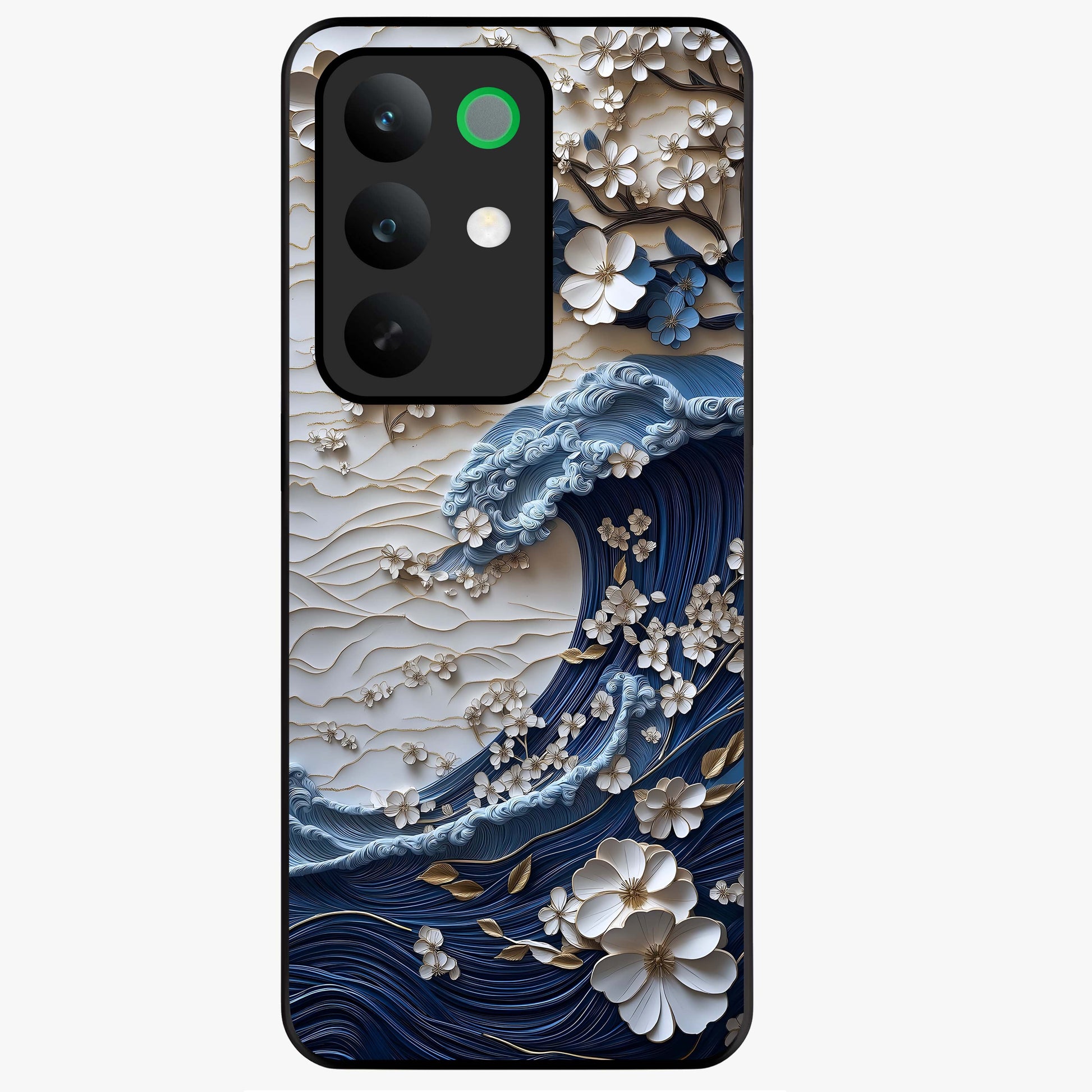 Floral Wave Origami Glass Case showing flat back view with origami inspired floral wave artwork and glossy glass finish.