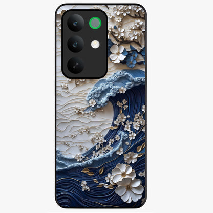 Floral Wave Origami Glass Case showing flat back view with origami inspired floral wave artwork and glossy glass finish.