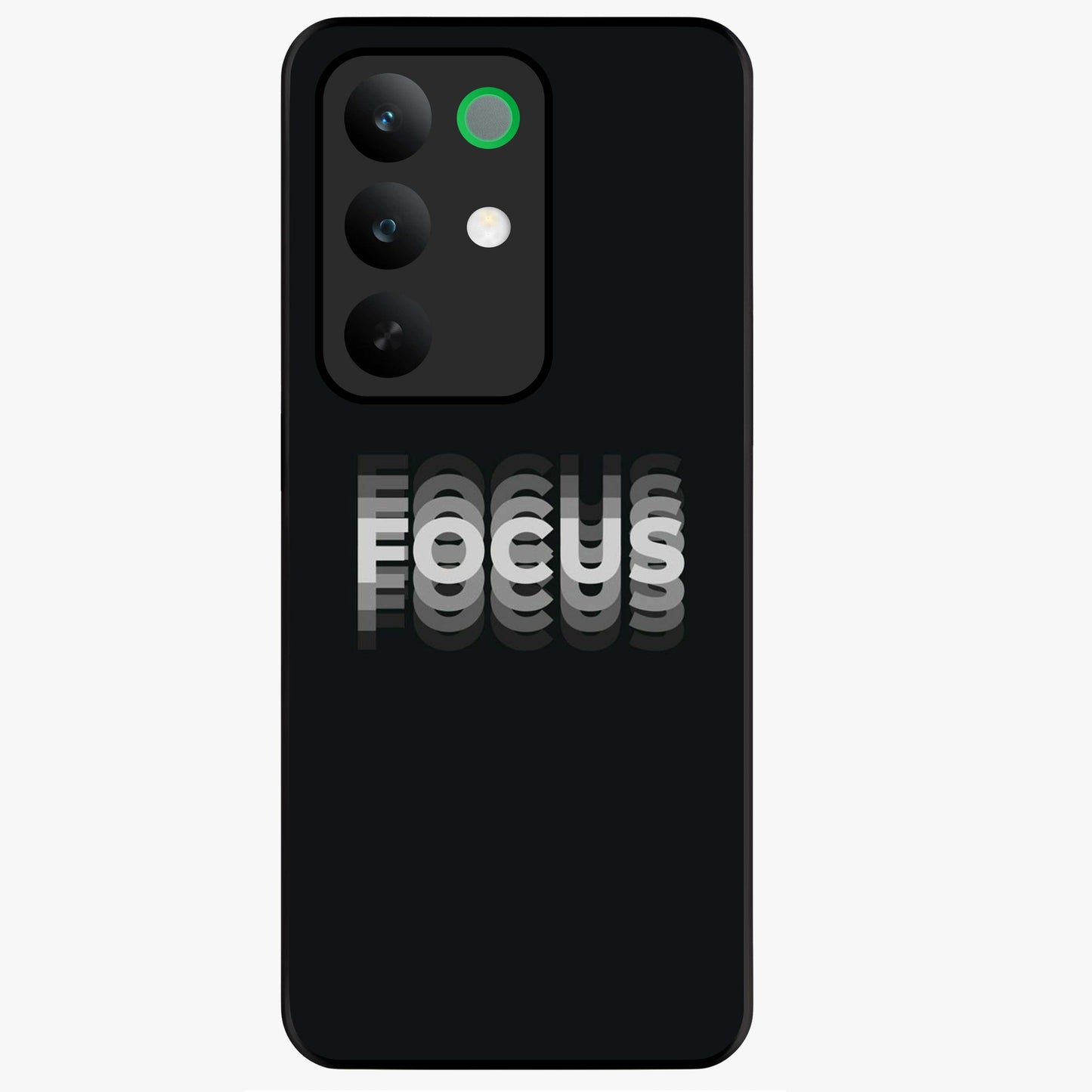 Focus Mode On Glass Case showing flat back view with bold motivational typography design and glossy glass finish.