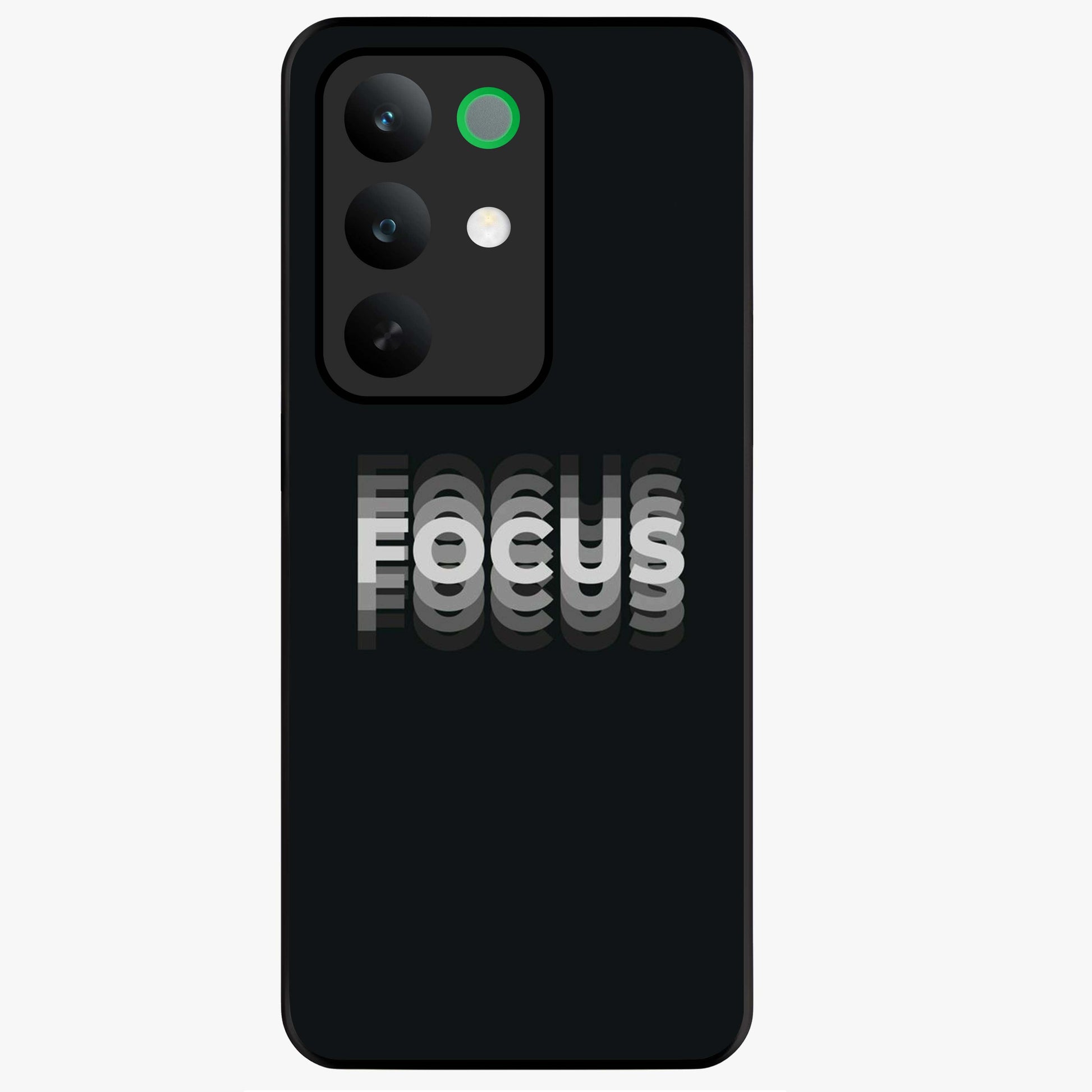 Focus Mode On Glass Case showing flat back view with bold motivational typography design and glossy glass finish.