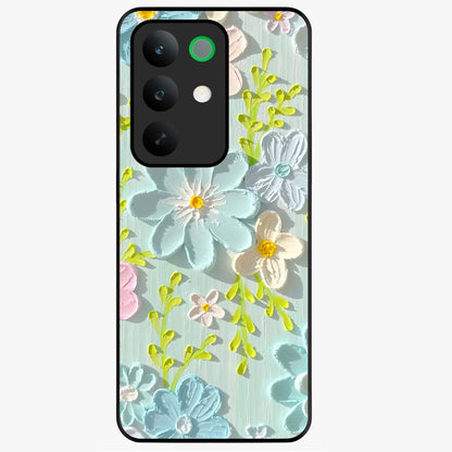 Frosted Petal Garden Glass Case showing flat back view with soft frosted floral artwork and glossy glass finish.