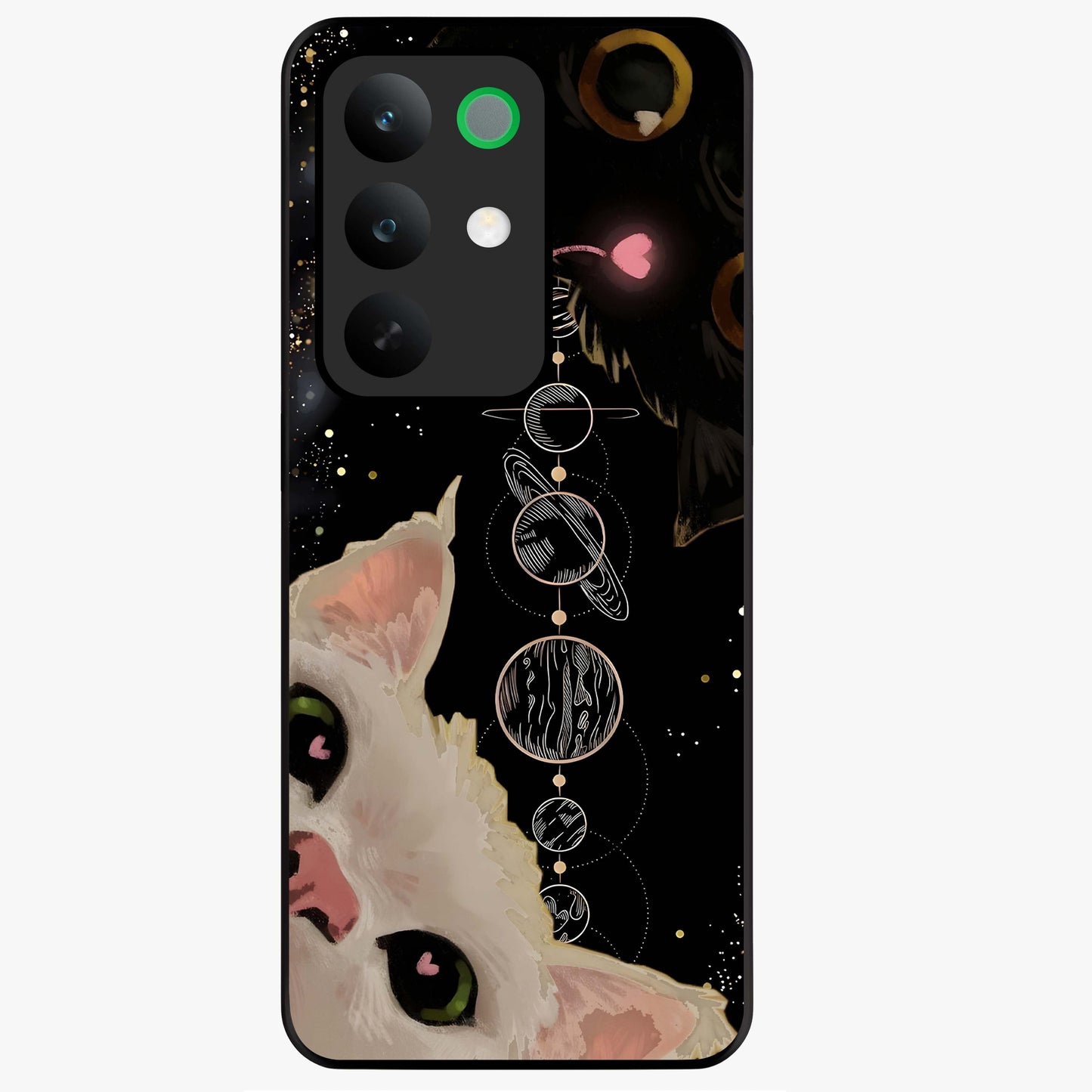 Galactic Cat Glass Case showing flat back view with cosmic cat artwork and glossy glass finish.