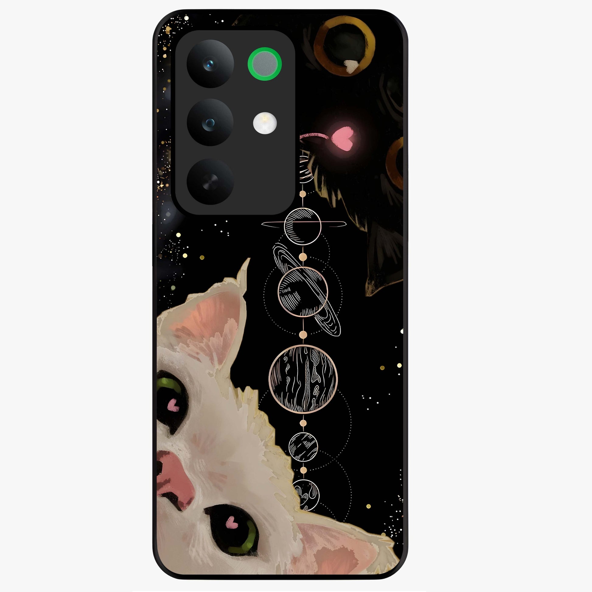 Galactic Cat Glass Case showing flat back view with cosmic cat artwork and glossy glass finish.
