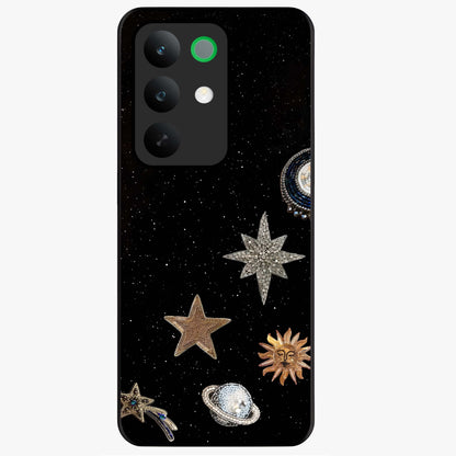 Galactic Charm Glow Glass Case showing flat back view with glowing celestial charm artwork and glossy glass finish.